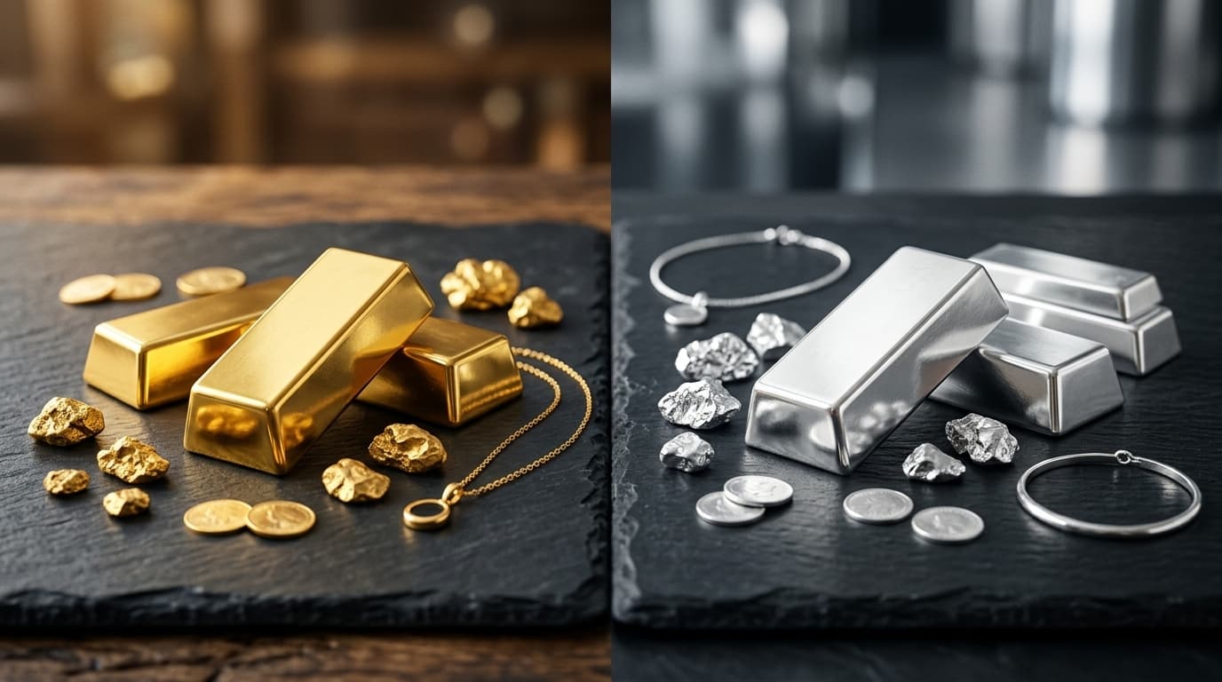 برای سرمایه گذاری طلای آب شده بخریم یا نقره؟ چند سکه، شمش و طلای زینتی در سمت چپ با چند سکه، شمش و نقره زینتی در سمت راست